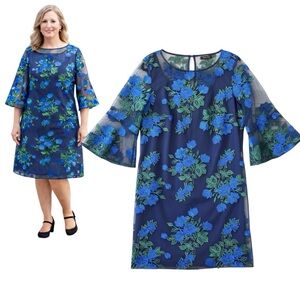 Mother of Bride VTG Leslie Faye Embroidered Sheer Floral Dress Blue 14W